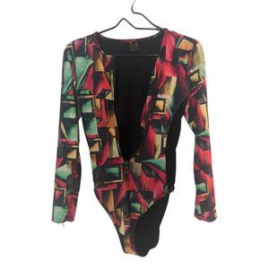 Fashion Nova Multicolor Mesh Bathing Suit Large 3/4 Sleeves Quarter Zip Front